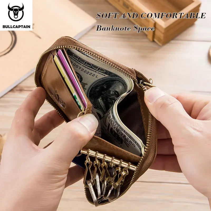 BULLCAPTAIN Genuine Leather Men's Key Card Holder High Quality Multifunctional Car Key Chain Wallet Mini Card Holder Key Holder