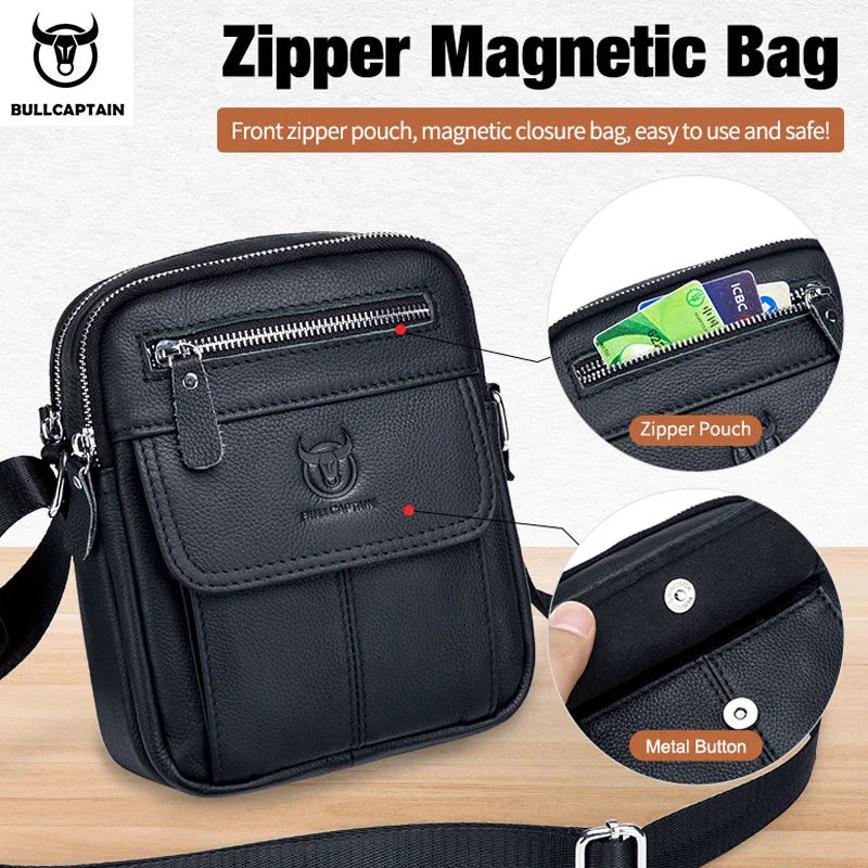 Bullcaptain Casual Men's Shoulder Bags Business Messenger Bag high-Quality Men's Cow Leather Bag's Mini Large Capacity Pocket