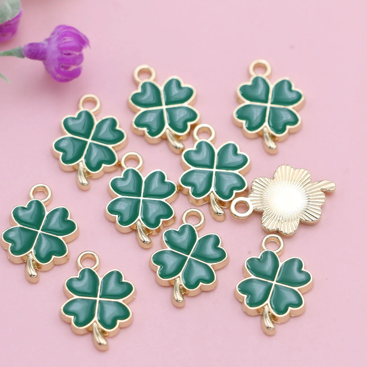 10pcs Gold Color Green Enamel Lucky Clover Flower Charm for Jewelry Making Necklace Earrings Bracelet Accessories DIY