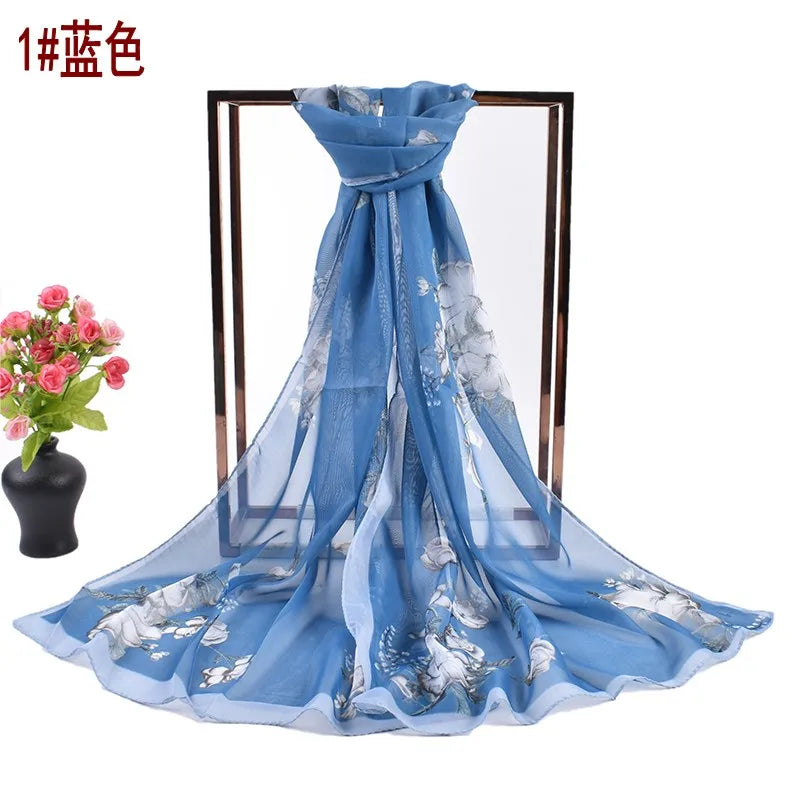 Summer New Fresh and Breathable Thin Natural Flower Printing Chiffon Women's Long Scarf Sunscreen Women's Scarf