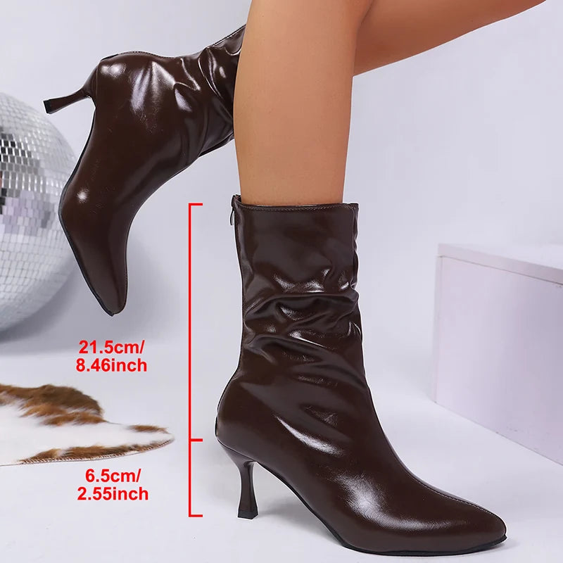 Sexy Pu Leather Thin High Heels Boots Women Back Zipper Pointed Toe Ankle Boots Woman Fleece Lining Warm Short Booties Mujer 42