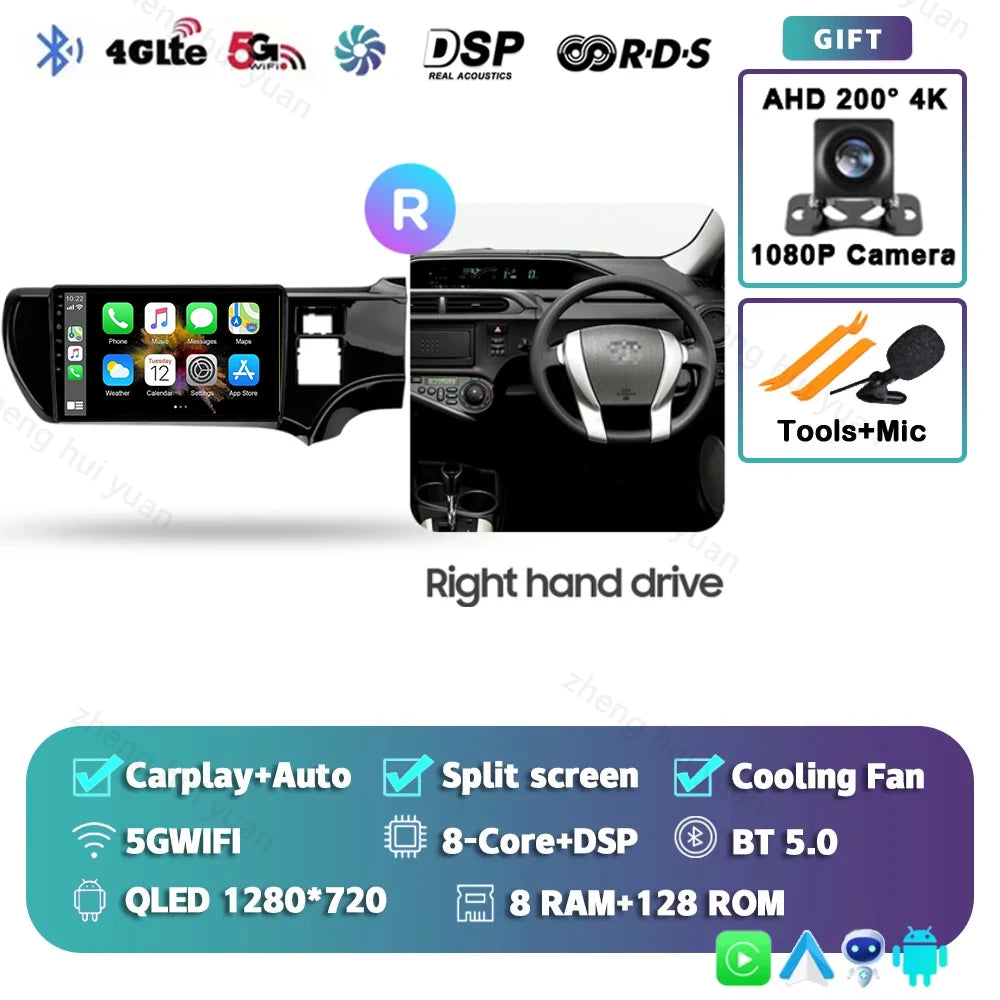 Android 15 CarPlay Auto For Toyota Aqua LHD RHD 2011 - 2017 Car Radio Multimedia navigation video DVD Autoradio Stereo 2din 4G
