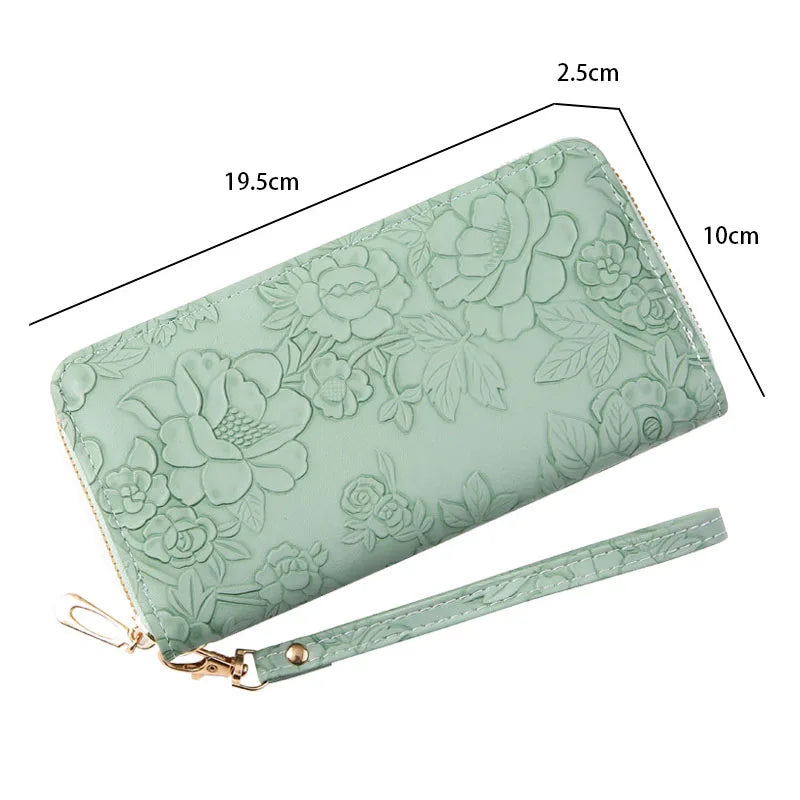 2026 New Floral Embossed Long Wallet PU Leather Credit Card Holder Simple Trendy Phone Bag Coin Purse for Women Hand-held Wallet