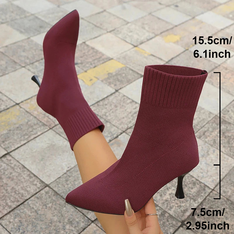 Fashion Slip On Slim Knitted Ankle Boots Women Plus Size Stretch High Heel Boots Woman Autumn Winter Thin Heeled Sock Booties