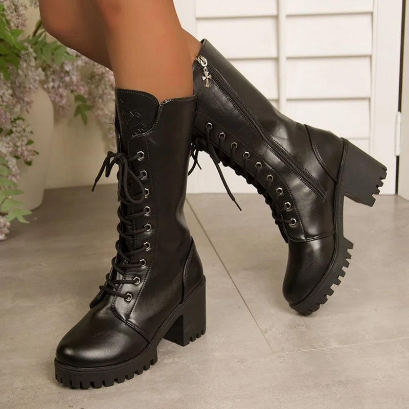 Fashion Lace Up Thick Heels Mid Calf Boots Women Plus Size 43 Black Pu Leather Long Boots Woman Autumn Winter High Heeled Botas