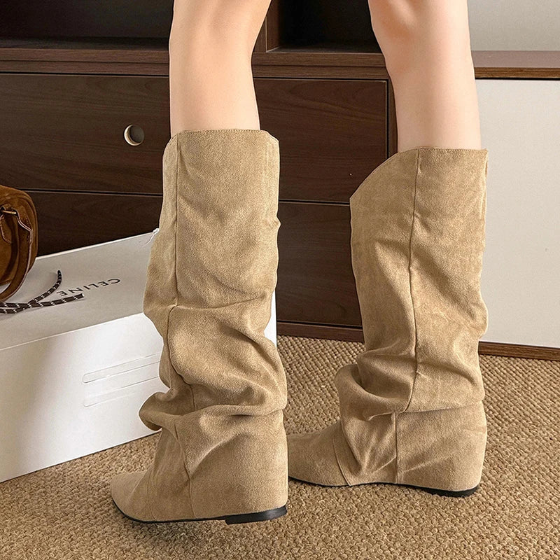 Khaki Faux Suede Mid Calf Boots for Women 2025 Fashion Pointed Toe Pleated Western Boots Woman Slip On Autumn Winter Booties