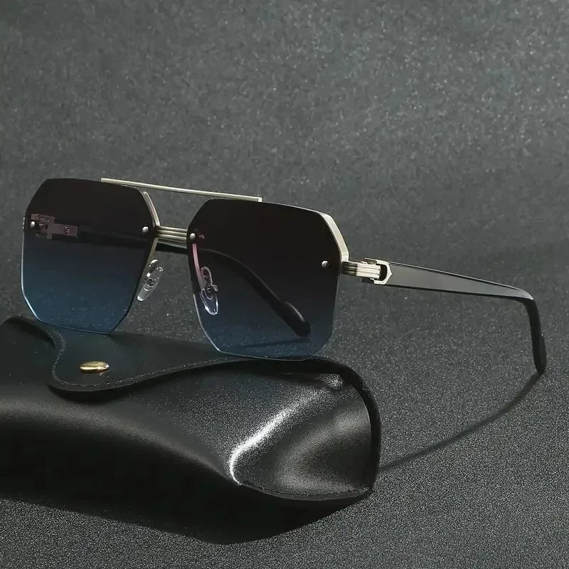 Trendy Aviator Sunglasses for Mens Womens Retro Double Bridge Metal Driving UV400 Outdoor Eyewear Semi-Rimless