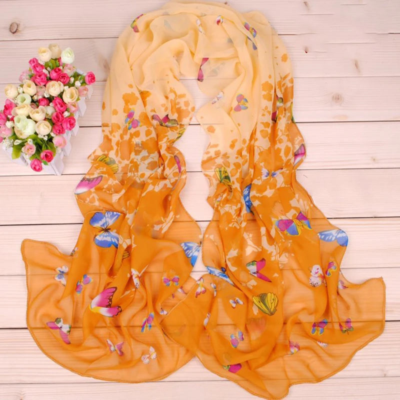 New Yiwu Colorful Little Butterfly Women's Printed Chiffon Long Scarves Wholesale Spring and Summer Printed Scarves