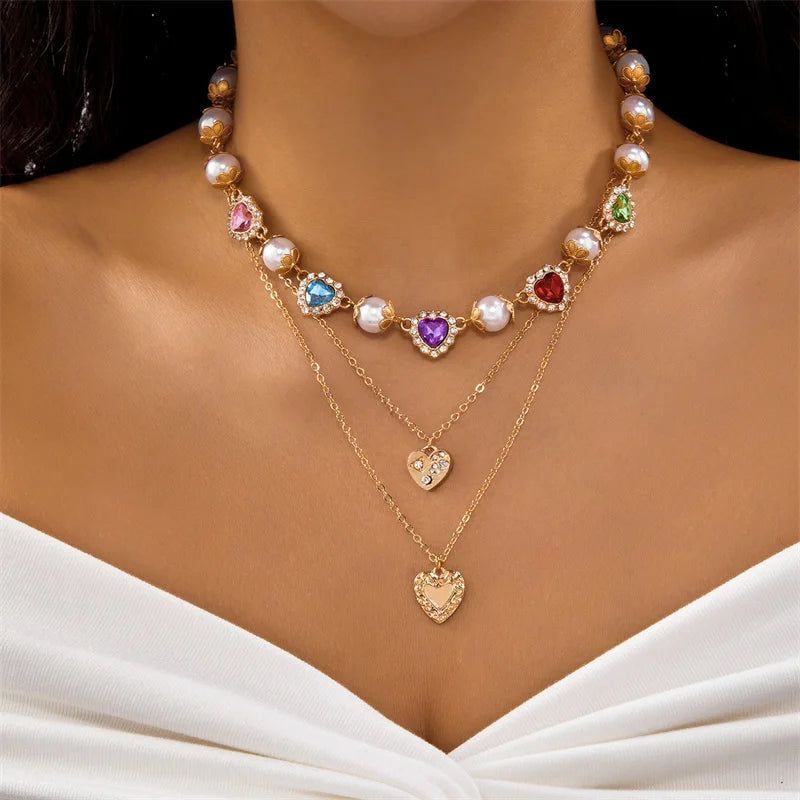Elegant Imitation Pearl Beads Chain Necklace for Women Collar Wed Bridal Luxury Rhinestone Heart Choker Party Jewelry Gifts