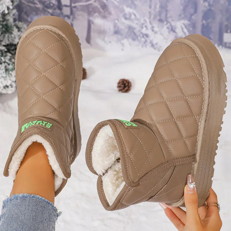 Khaki Platform Snow Boots for Women 2025 Winter New Non Slip Plush Warm Botas for Woman Korean Pu Leather Snow Boots Female