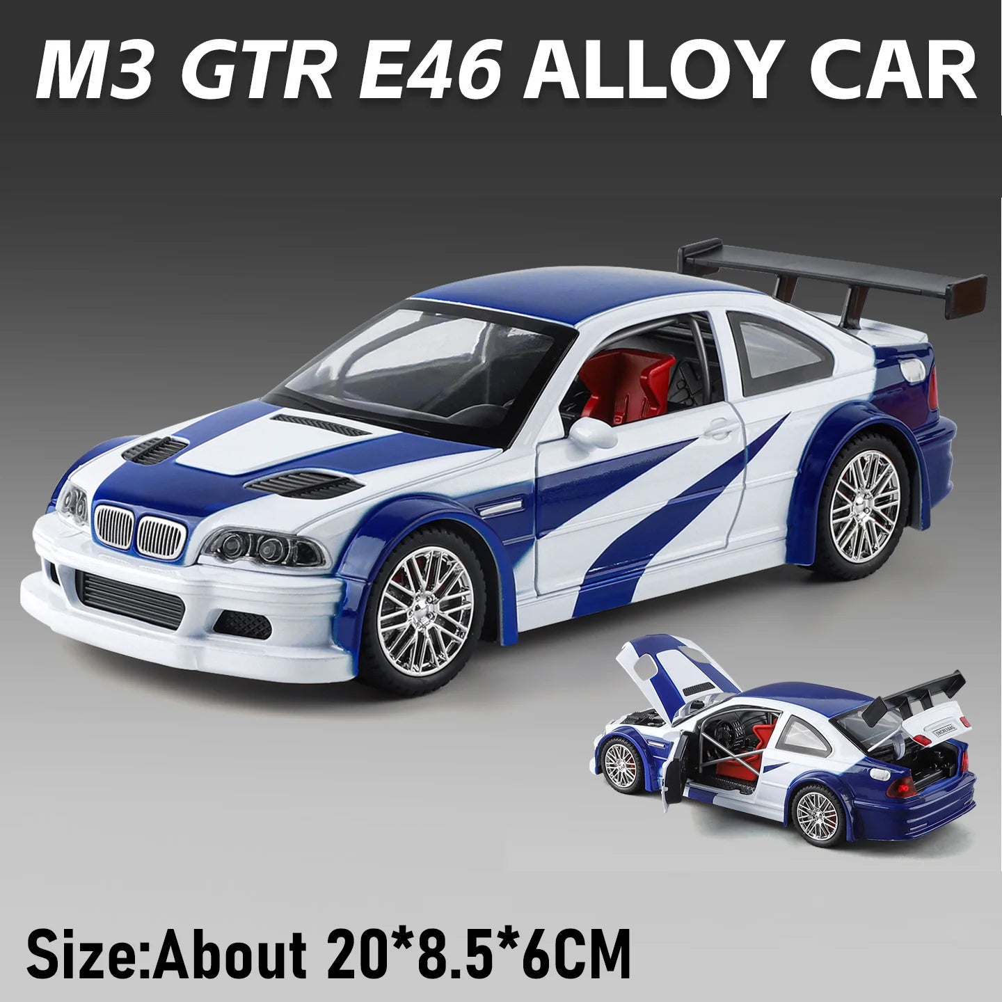 1:24 M3 GTR E46 R34 Model Diecast Alloy Sportscar Toys Sound Light Pull Back Front Wheel Steering Vehcie Children's Holiday Gift