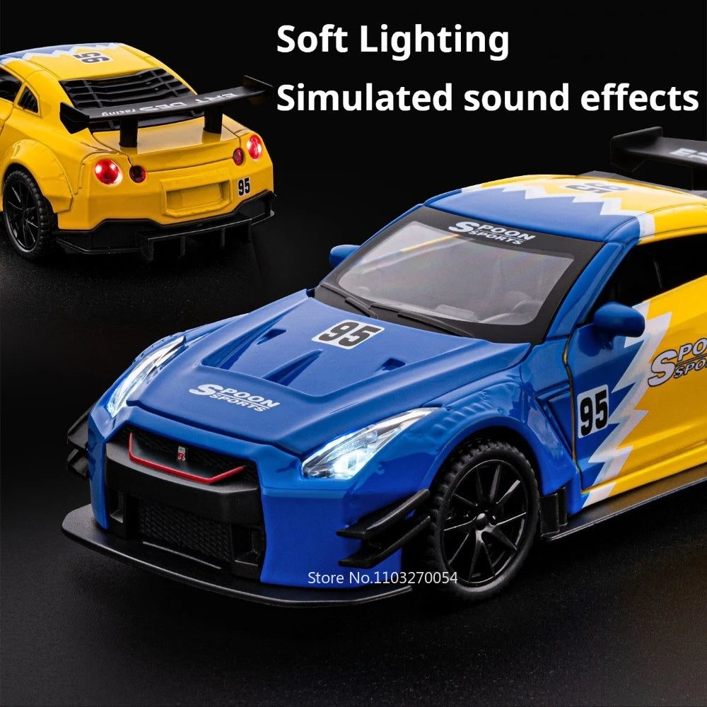 1:32 Scale GTR R50 Miniature Sports Car Alloy Diecast Model Toys Doors Opened with Sound Light Pull Back Vehices Children's Gift