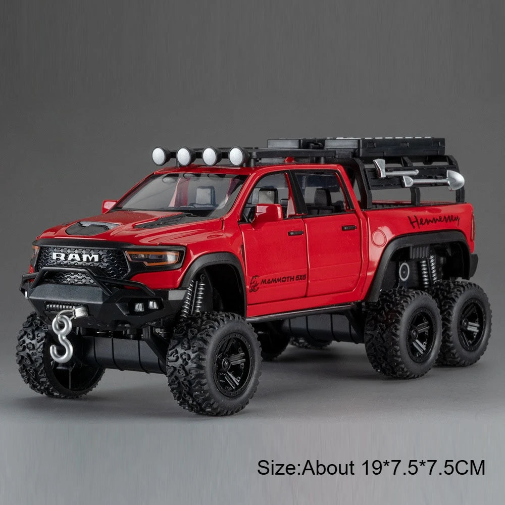 1:32 RAM Pickup Mammoth Off Road Vehicle Diecast Model Toy Alloy Car Sound Light Pull Back Doors Opened Models for Children Gift