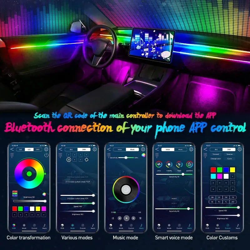 6/18/22 in 1 Led Acrylic Car Ambient Light RGB 64 213 Color Symphony Acrylic APP Streamer Rainbow Atmosphere Lamp Kit Dual Zone