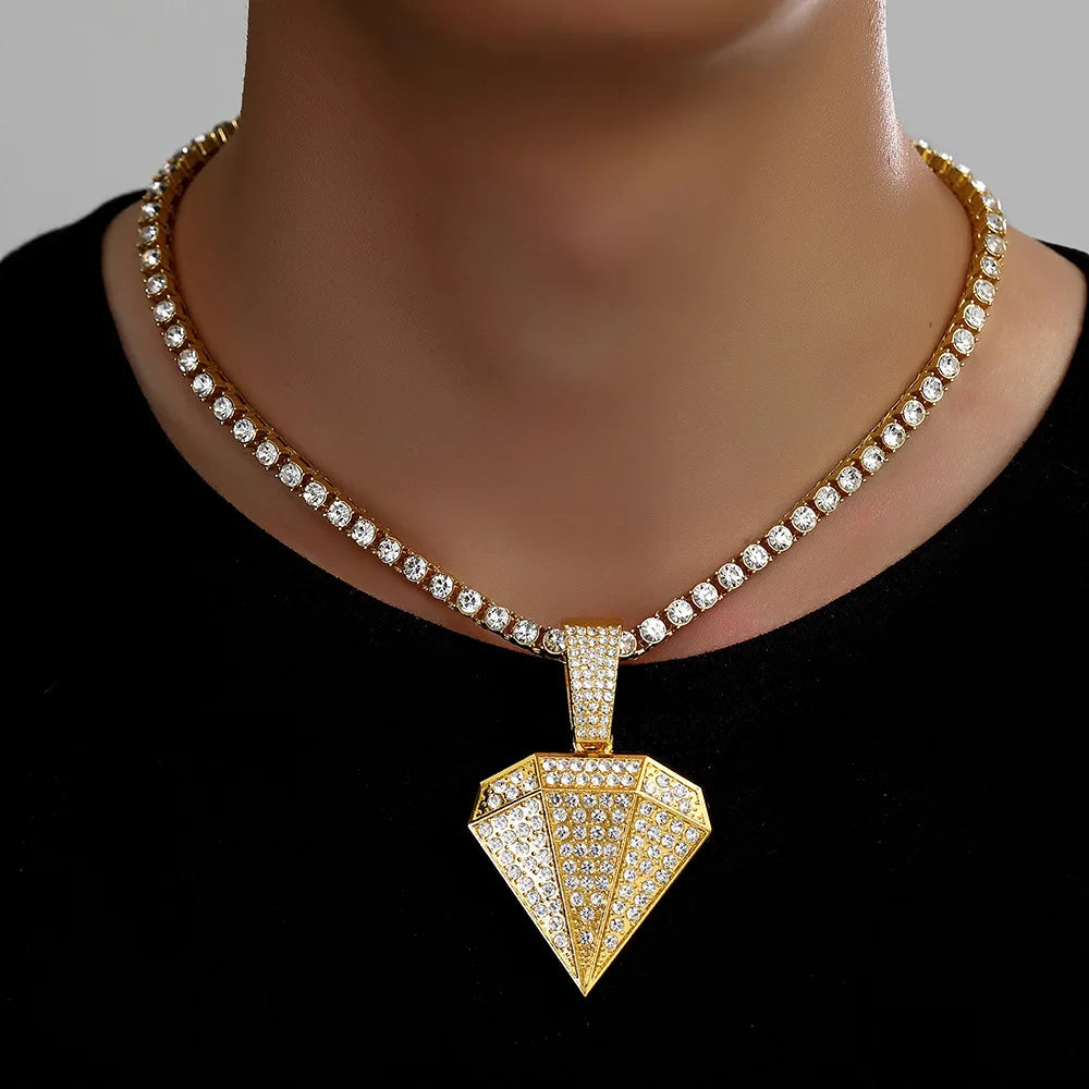 Men's Hip Hop Fashion Bling Big Triangle Pendant Necklace,With 4mm Rhinestone Tennis Chain Diamond Shape Necklaces Charm Jewelry