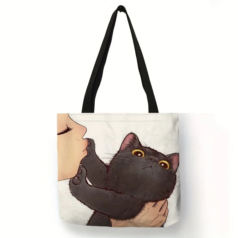 Cute Cartoon Cat Print Tote Bag, Large Shoulder Bag, Women's Casual Handbag