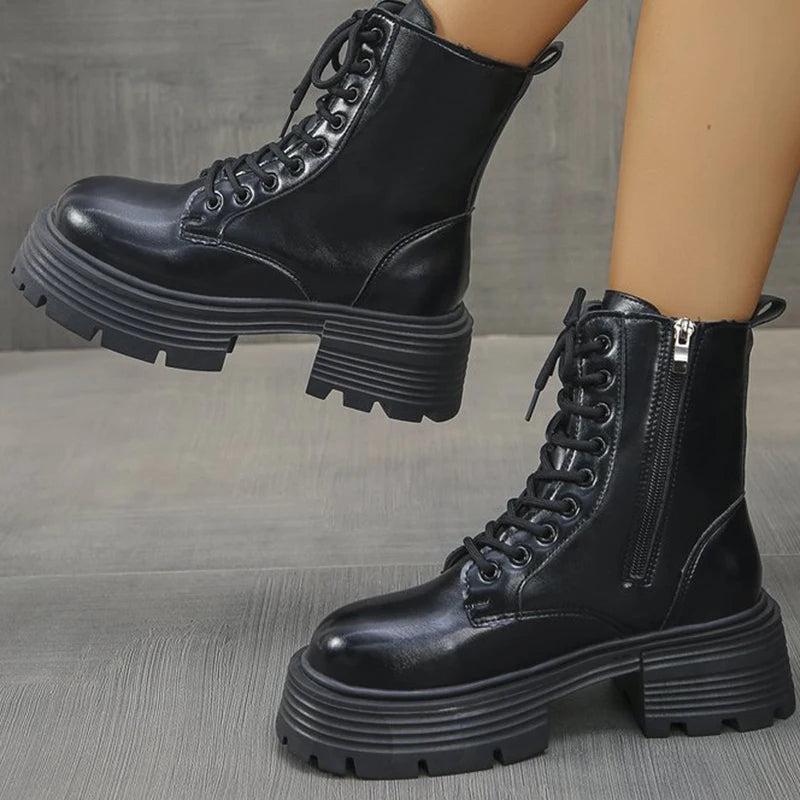 Autumn Winter Black Platform Boots Women Fashion Lace Up Zipper Ankle Boots Woman Punk Thick Heel Pu Leather Botas Mujer