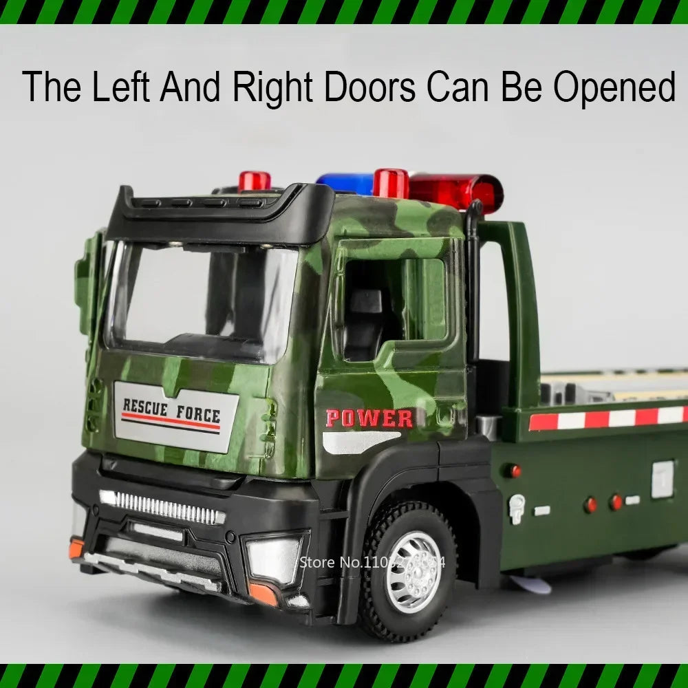1:32 Military Tank Flatbed Trailer Model Toys Car Alloy Diecast Transport Vehicle Sound Light Pull Back Door Opened Toy Kid Gift