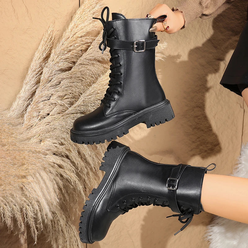 Fashion Buckle Platform Mid Calf Boots Women Lace Up Punk Motorcycle Boots Woman Autumn Winter Thick Sole Pu Leather Botas 35-42