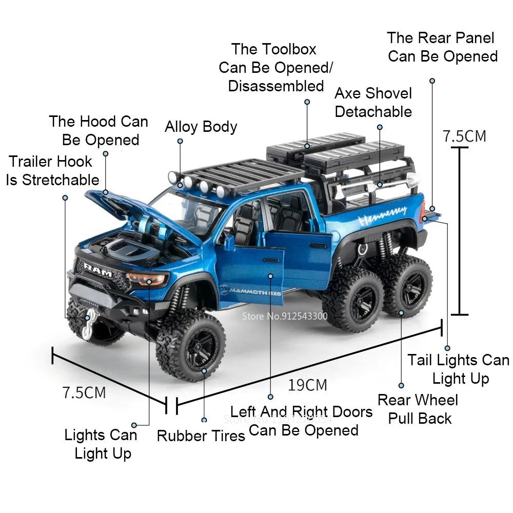 1:32 RAM Pickup Mammoth Off Road Vehicle Diecast Model Toy Alloy Car Sound Light Pull Back Doors Opened Models for Children Gift