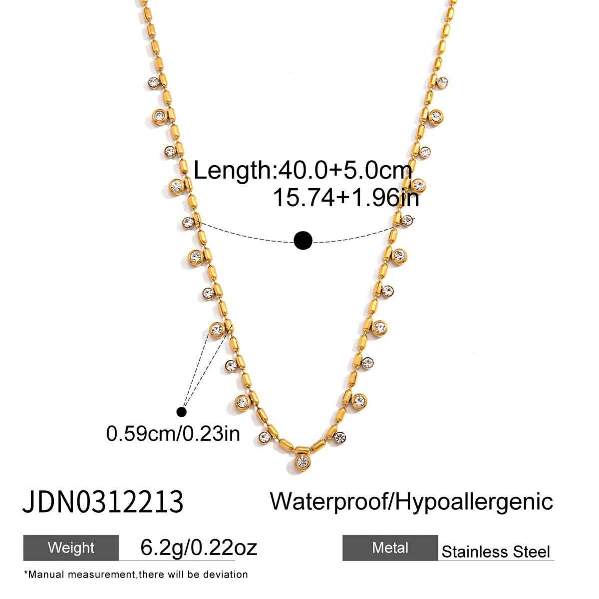 Uworld Delicate Round Rhinestones Bead Chain Necklace For Women 18K PVD Gold Plated Stainless Steel Layered Necklaces Party Gift