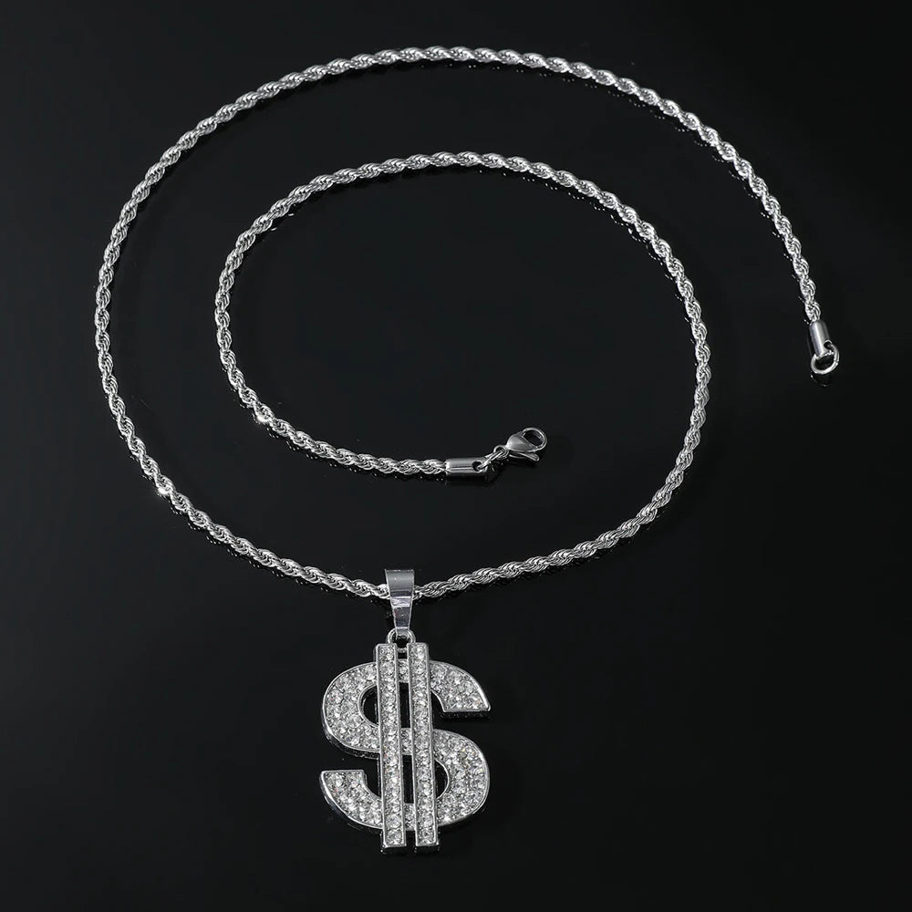 Hip Hop Rap Gold Color US Dollar Sign Pendants Necklaces For Men Women Punk Rhinestone Money Dollar Logo Fashion Jewelry Gifts