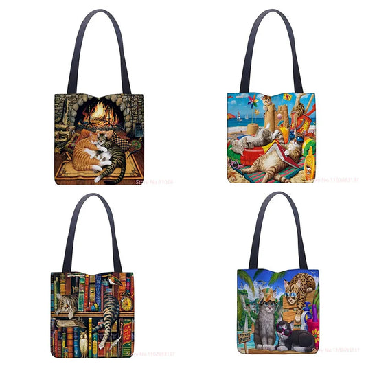Oil Painting Cat Shopping Bag Eco Reusable Female Tote Bag College Retro Handbag