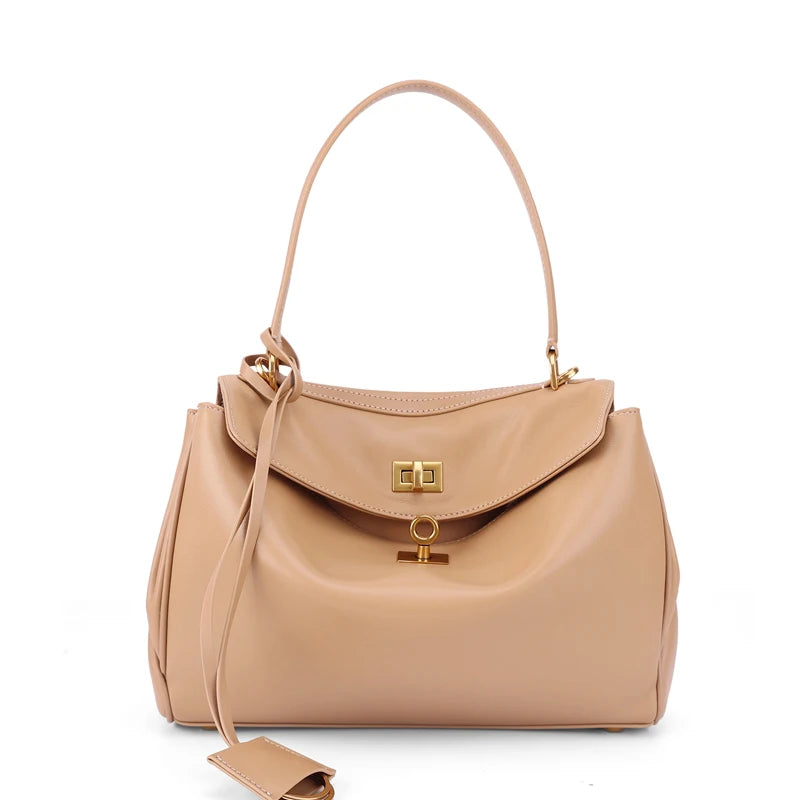 Women's Genuine Leather Large Capacity Solid Color Tote Bag 2026 New Fashion Leather Shoulder Bag Casual Ladies Commute Handbag