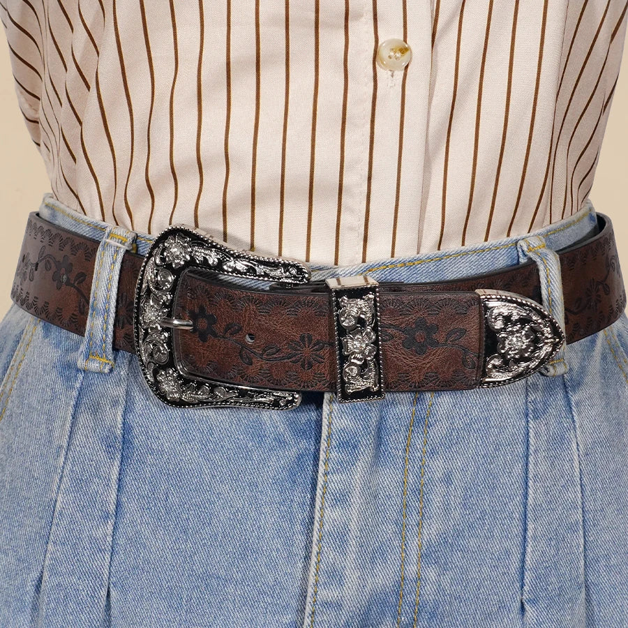 Vintage Carved Buckle Belt for Women Men - Brown Textured Floral Print Western Style Fashion Versatile Waistband Belt