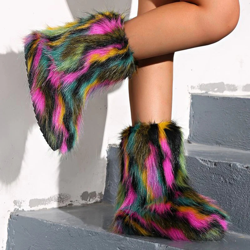 Y2K Mix Color Snow Boots for Women Soft Faux Fur Warm Snow Boots Woman Winter Plus Size 44 Non Slip Plush Booties Ladies