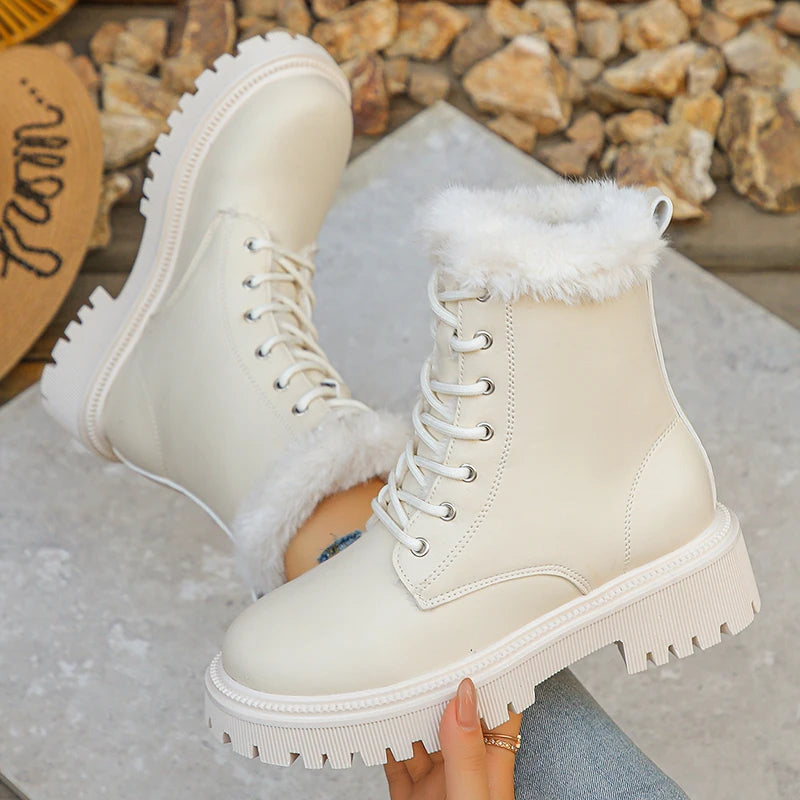 Lace Up Short Plush Ankle Boots for Women Plus Size 42 Fur Platform Winter Boots Woman Thick Sole Pu Leather Combat Botas Mujer