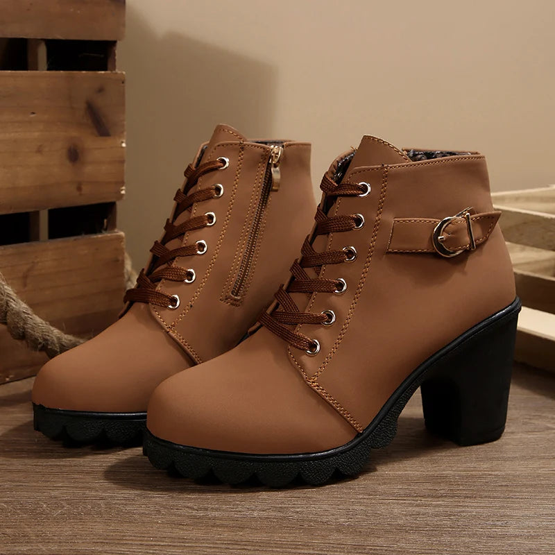 British Style High Heel Ankle Boots Women 2025 Fashion Non Slip Lace Up Short Booties Mujer Thick Heeled High Top Pumps Woman
