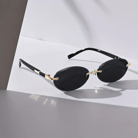 Vintage-Inspired Oval Frameless Fashion Glasses for Men & Women - Chic Black Metal Frame Tone Accents Multiple Colors Available