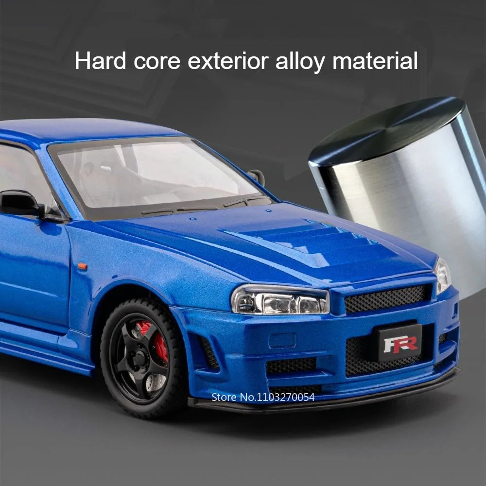 1:24 GTR-R34 SKYLINE Diecast Alloy Models Toys Car with Pull Back Doors Opened rubber tires Miniature Sportscar Collecting Hobby