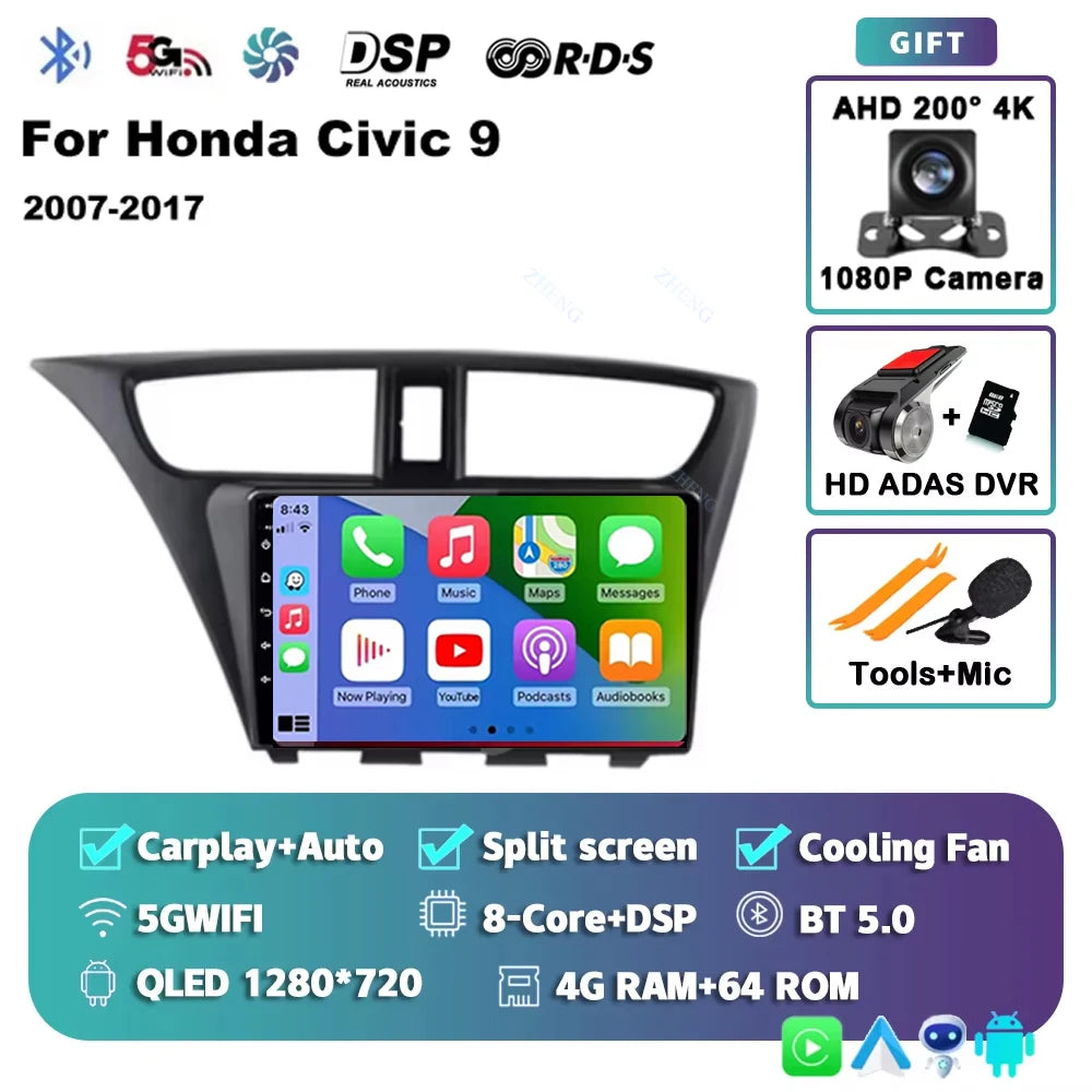 Carplay Android 14 Car Radio for Honda CIVIC 9 2011-2017 Qualcomm mulitmedia Video player Autoradio GSP Navigation Stereo screen
