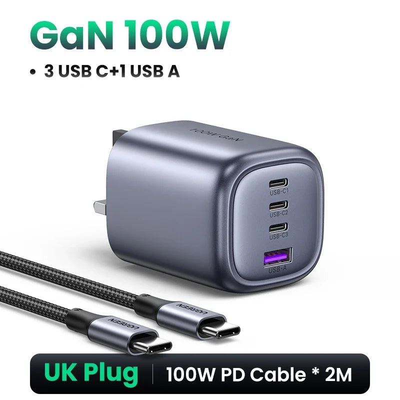 UGREEN UK Plug GaN 100W 65W Fast Charger QC 4.0 3.0  for Macbook Air Tablet iPhone 17 16 15 Pro Max Xiaomi USB Type C PD Charger