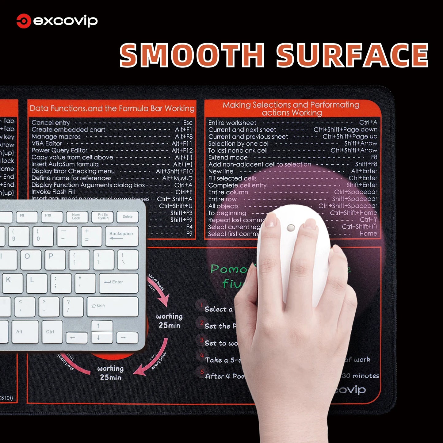 EXCO Excel Shortcut Mouse Pad Large Cheat Sheet Keyboard Mousepad Office Pomodoro Technique Desk Mat Stitched Edge Non-Slip Base