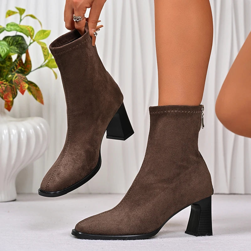 Flock Thick High Heels Ankle Boots Women Plus Size 42 Back Zipper Short Booties Mujer Small Square Toe Fashion Boots Woman