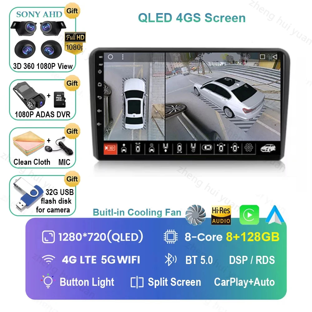 For Audi A3 8P 2003 2004 - 2013 Android 16 GPS WIFI 4G Carplay&Auto Car Radio Navigation QLED Multimedia Stereo Player BT