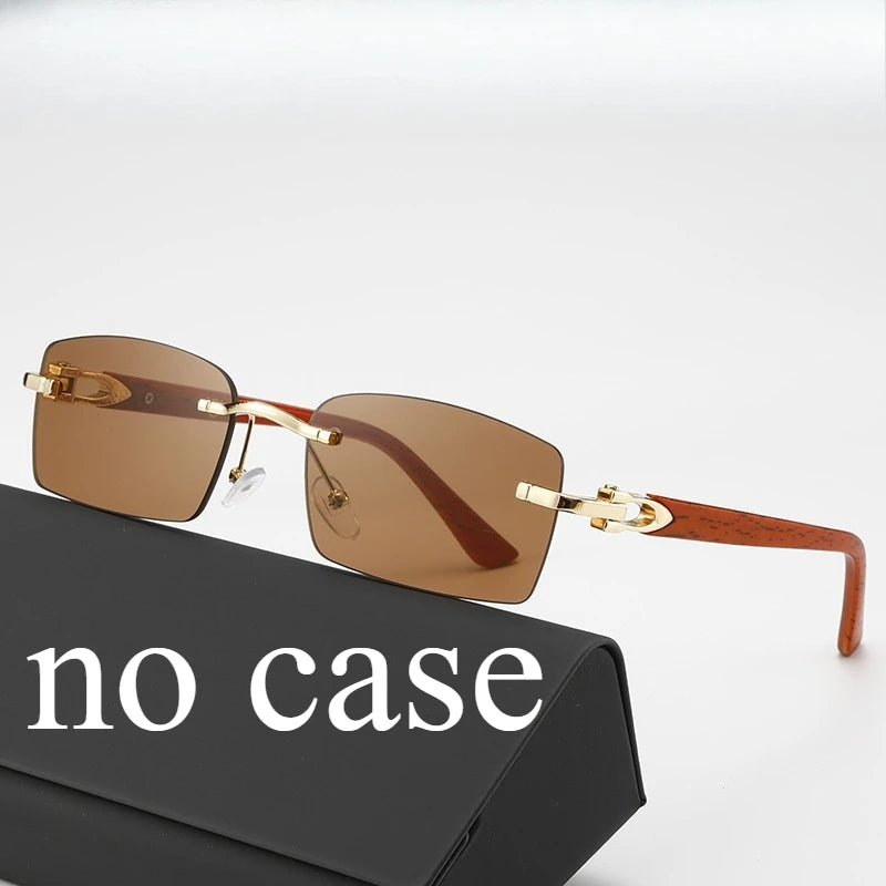 Fashionable Frameless Sunglasses with Ocean Panels, Trimmed Wood Grain, Leg Frames, Retro Men's and Women's Sunglasses