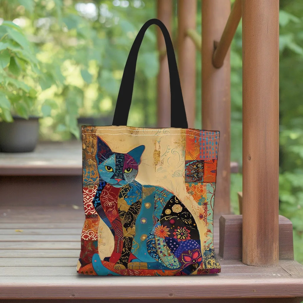Floral Cat Pattern Tote Bag, Aesthetic Canvas School Shoulder Bag light Shop Bag