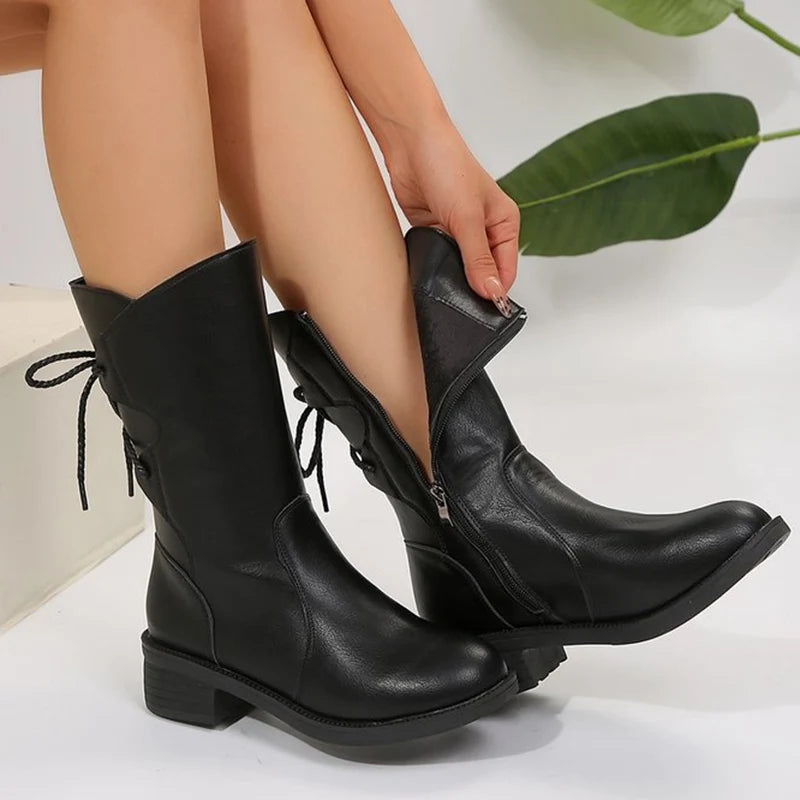 Lace Up Decor Thick Heel Mid Calf Boots Women Fashion Plus Size 43 Zipper Pu Leather Boots Woman Med Heel Autumn Winter Botas