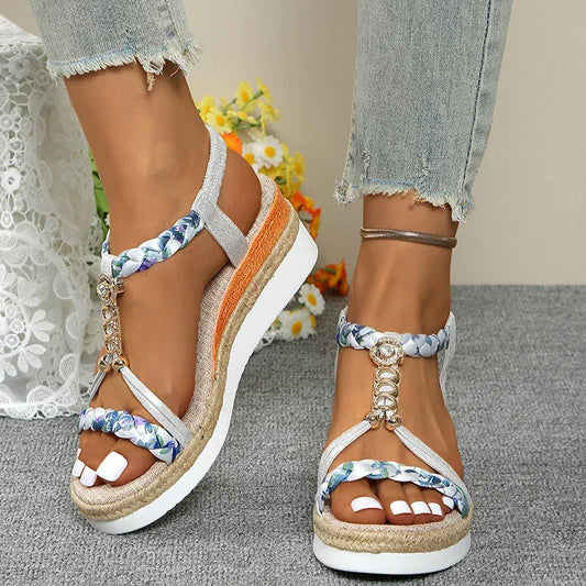Fashion T-Strap Platform Sandals for Women New Mix Color Elastic Band Wedge Sandals Woman Summer Daily Open Toe Sandalias Female