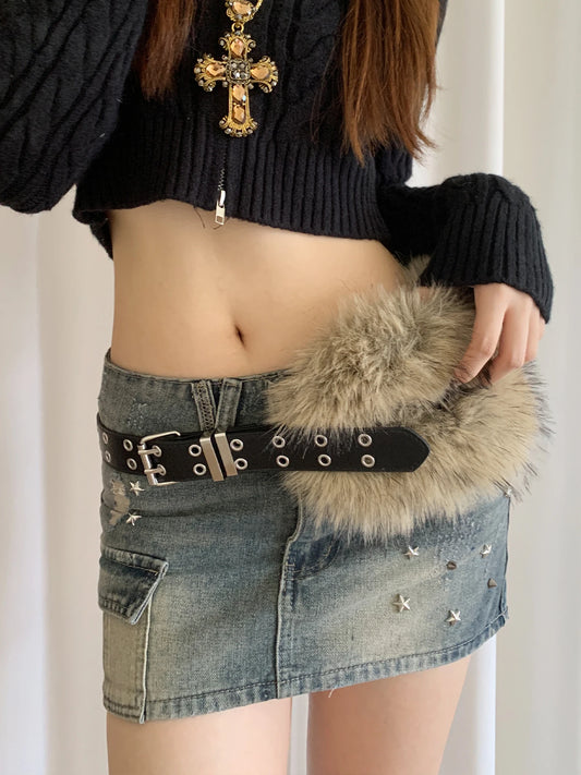 Retro Punk Style Y2k Fivet-Free Furry Patchwork Belt For Women Niche Subculture Spicy Girl Style Belt
