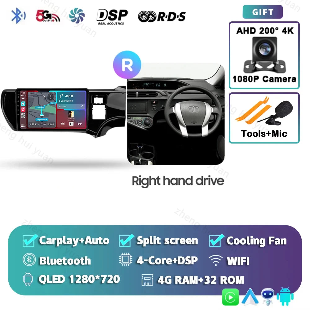 Android 15 CarPlay Auto For Toyota Aqua LHD RHD 2011 - 2017 Car Radio Multimedia navigation video DVD Autoradio Stereo 2din 4G