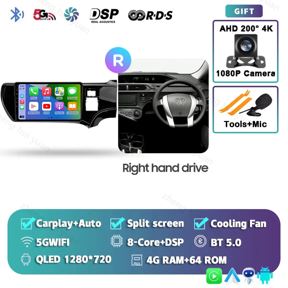 Android 15 CarPlay Auto For Toyota Aqua LHD RHD 2011 - 2017 Car Radio Multimedia navigation video DVD Autoradio Stereo 2din 4G