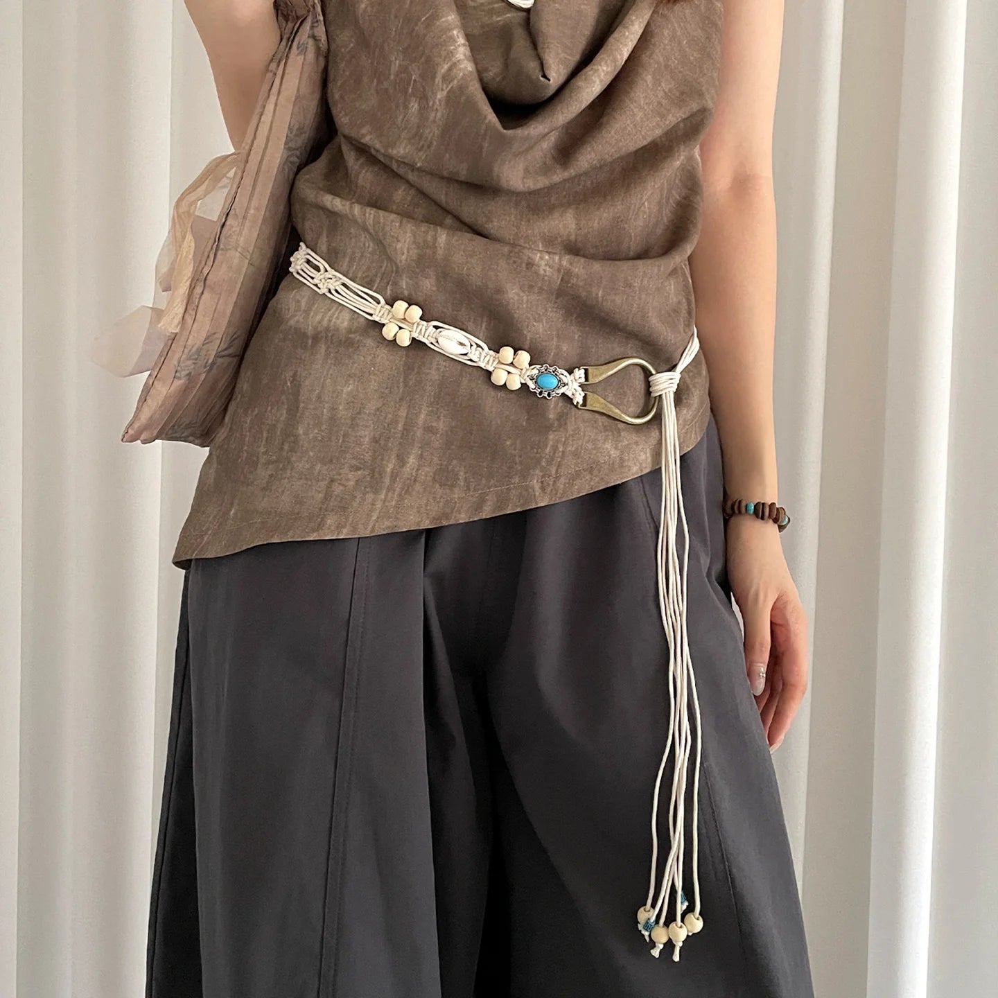 Bohemian Woven Shell Beads Brown Waist Rope Female Minority Retro Ethnic Style With Skirt Thin Waist Belt Accessory