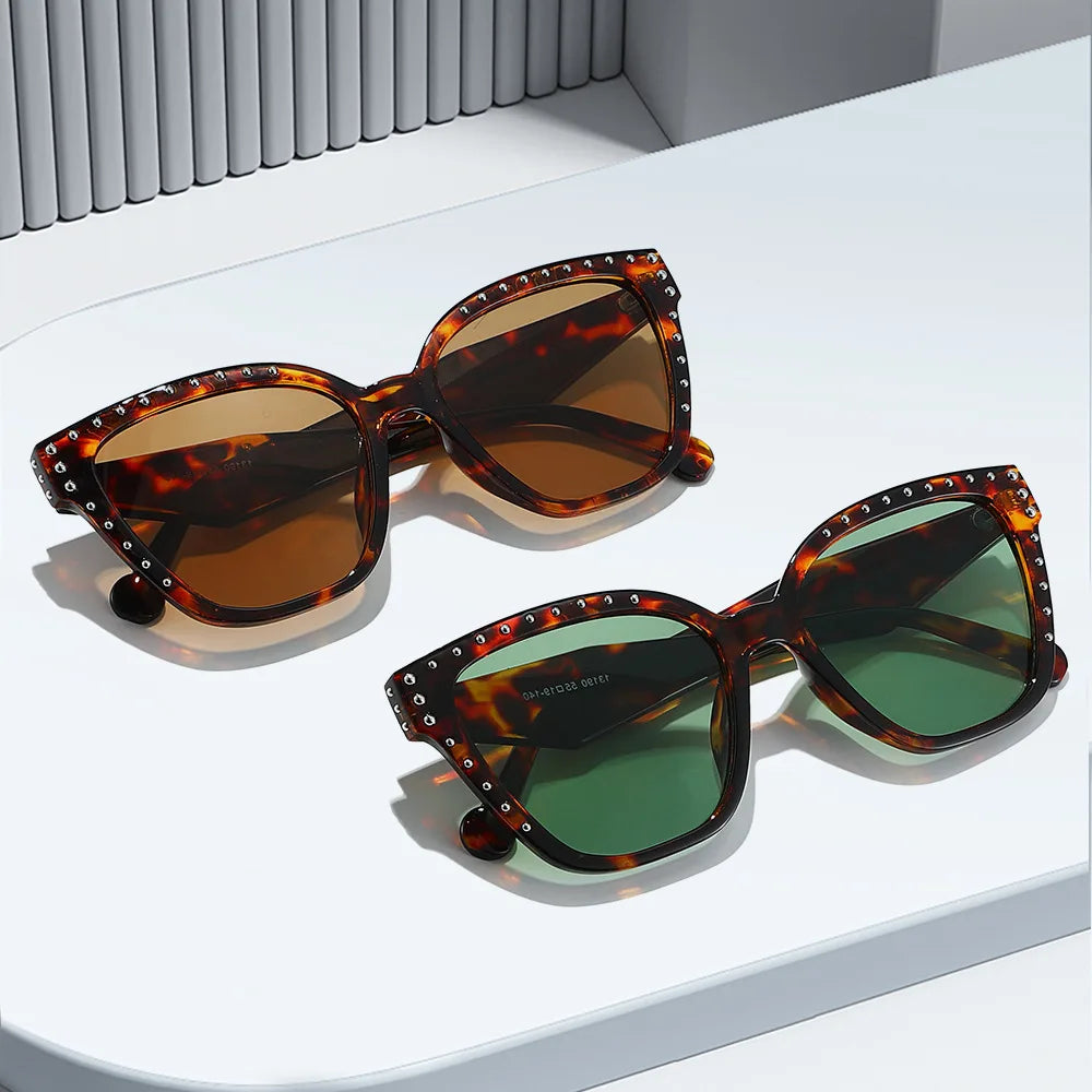 JNPCXI New Square Women Sunglasses Shades UV400 Fashion Clear Lens Frame Retro Rivet Men Leopard Green Sun Glasses