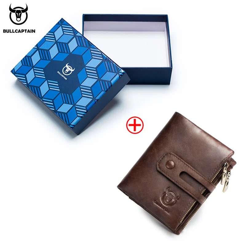 BULLCAPTAIN Genuine Leather RFID Men Wallet Credit Business Card Holders Double Zipper Cowhide Leather Wallet Purse Carteira 021