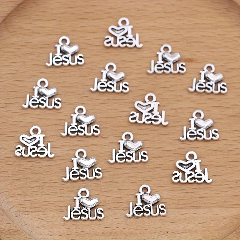 15Pcs Antique Silver Plated I Love Jesus Charms Pendants for Jewelry Making Necklace Bracelet Handmade DIY Accessories